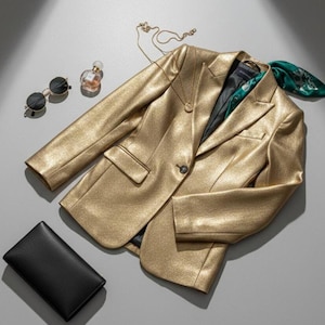 Womens Gold Leather Blazer – Genuine Sheepskin Metallic Statement Coat