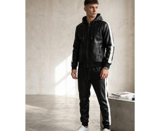 Men’s Black Leather Tracksuit Slim Fit Biker Hoodie Joggers Genuine Cowhide Streetwear