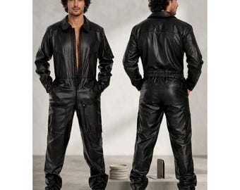 Mens Black Leather Jumpsuit Biker Motorcycle Overalls Gothic Festival Outfit