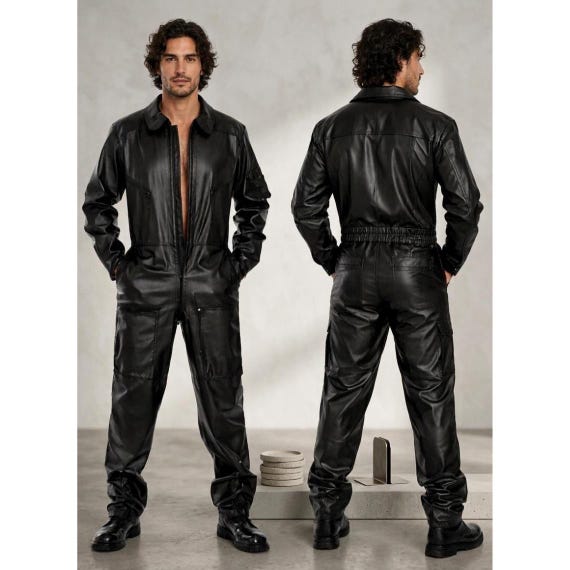 Mens Black Leather Jumpsuit Biker Motorcycle Overalls Gothic Festival Outfit