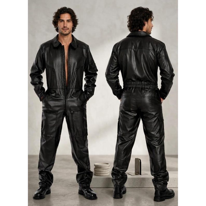 May include: A black leather jumpsuit with a collared neckline, long sleeves, and a front zipper closure. The jumpsuit features multiple pockets and is worn with black boots. The image shows both the front and back of the jumpsuit.