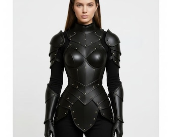 Black Leather Cuirass Armor Women Gothic Medieval Corset LARP Cosplay