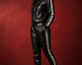 Handcrafted Women's Leather Tracksuit | Biker Hoodie & Wide Cuff Joggers