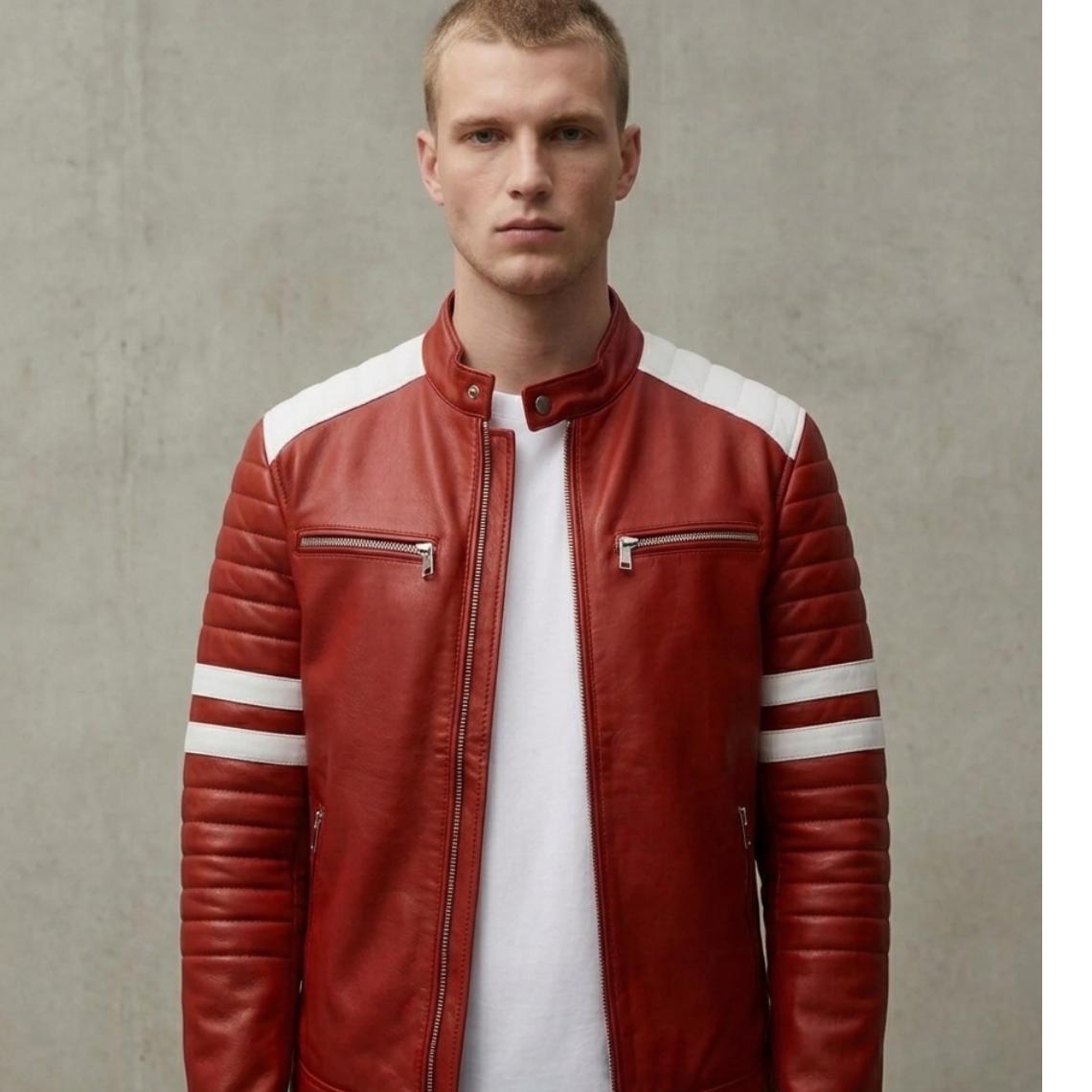 Red White Leather Jacket – 90s Cult Classic Cosplay Coat, Men's