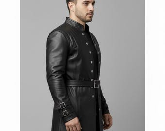 Men’s Medieval Leather Trench – Handmade Gothic Renaissance Coat for LARP & Cosplay