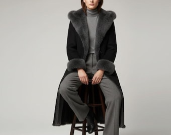 Abrigo largo de piel de oveja negra para mujer, forro de piel de ante auténtica, chaqueta de invierno de lujo