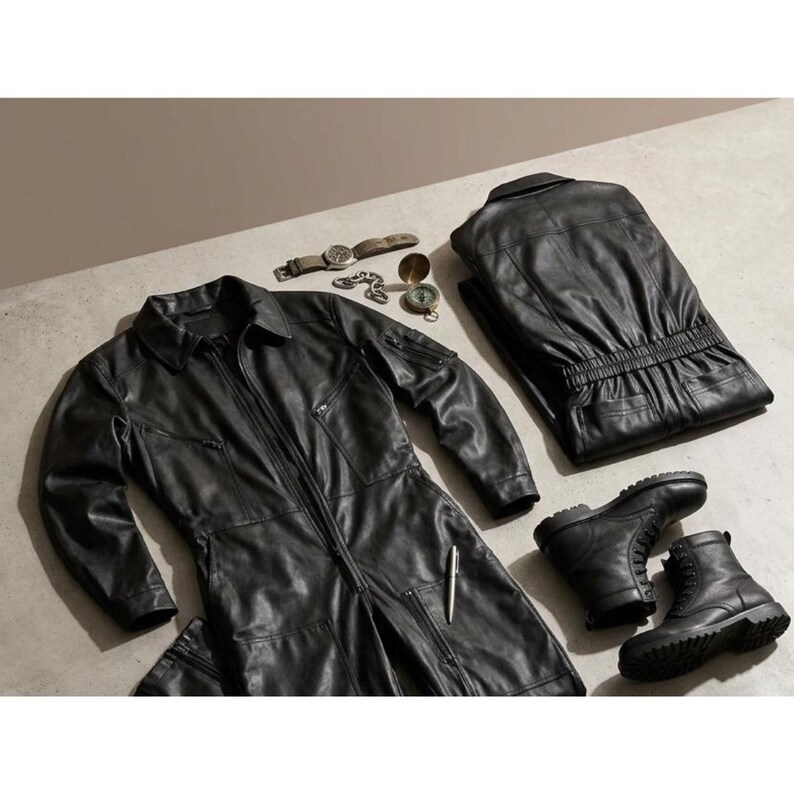 May include: A black leather jumpsuit with a zipper closure, a matching jacket, and a pair of black leather boots. A wristwatch, compass, and pen are also present. The items are arranged on a light gray surface.
