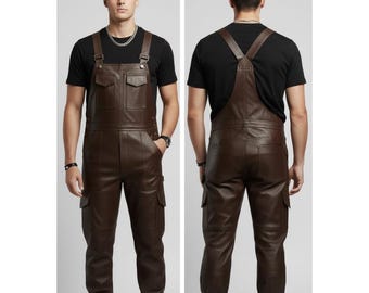 Handmade Brown Leather Men’s Overalls Biker Cargo Jumpsuit Genuine Leather