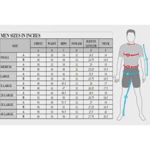 May include: A chart displaying men's clothing sizes in inches. The chart includes measurements for chest, waist, hips, inseam, sleeve length, and neck, with sizes ranging from small to 4X-large. A diagram of a person illustrates where to measure.