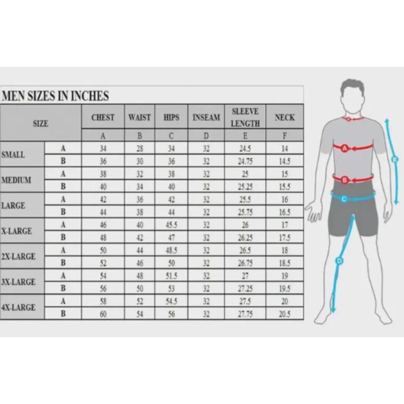 May include: A chart displaying men's clothing sizes in inches. The chart includes measurements for chest, waist, hips, inseam, sleeve length, and neck, with sizes ranging from small to 4X-large. A diagram of a person illustrates where to measure.