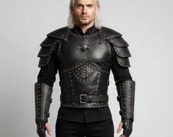 Witcher Geralt Cosplay Armor Leather Vest Shoulder Wrist Bracers LARP Costume