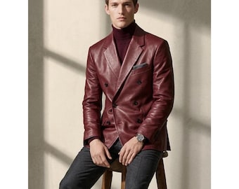 Mens Red Leather Blazer Double Breasted Formal Burgundy Coat Slim Fit Jacket