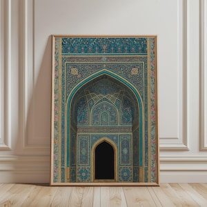 Motif d'arche en carreaux bleus persans, art architectural islamique de mosquée, décoration du Moyen-Orient