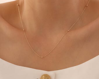 14k Solid Gold Satellite Beaded Ball Chain Necklace by Genoro Jewel, 14K Real Gold Dorica Balls Necklace, Everyday Wear