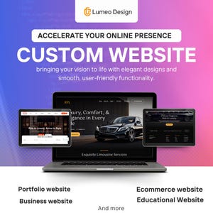 Könnte beinhalten: Ein Laptop und zwei Tablets zeigen Website-Designs vor einem violett-rosa Farbverlaufshintergrund. Der Text lautet "CUSTOM WEBSITE" und "ACCELERATE YOUR ONLINE PRESENCE". Das Bild zeigt Beispiele für Portfolio-, Geschäfts-, E-Commerce- und Bildungswebsites.