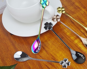 Cuchara de café personalizada con trébol de cuatro hojas: Cucharas pequeñas de acero inoxidable grabadas, regalo para amigos y familiares.