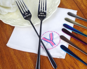 Tenedores de boda dorados grabados a medida: recuerdo personalizado para el Sr. y la Sra. - 12 opciones de color