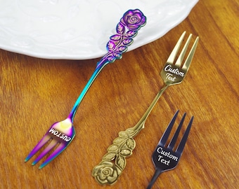 Tenedor de postre personalizado: tenedor grabado a láser con mango de rosa, tenedores de pastel personalizados, regalo de boda, cubiertos