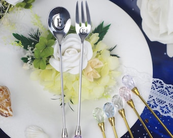 Mixed Crystal Spoon & Fork Set: Anniversary Gift | Personalized Crystal-Top Handle Tea Spoons Dessert Utensils | Couple Gift Set