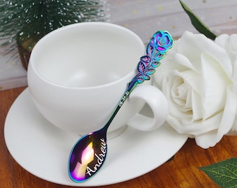 Cuchara de té personalizada de acero inoxidable con forma de rosa y nombre grabado, cuchara de café, regalo de San Valentín para novio o novia, aniversario.