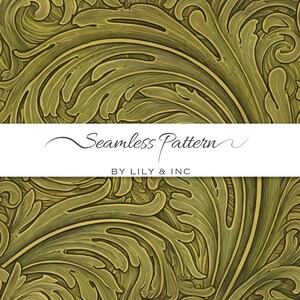 Puede incluir: Diseño de patrón sin costuras con un motivo botánico detallado en tonos verde oliva y dorado. El diseño incluye formas orgánicas y arremolinadas con una apariencia texturizada. El texto "Seamless Pattern" y "BY LILY & INC" se muestra en una pancarta blanca.
