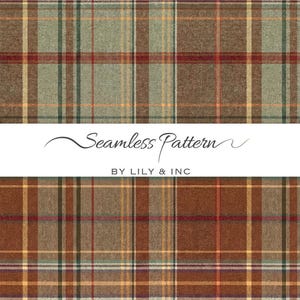 May include: A seamless plaid pattern featuring a mix of sage green, brown, and rust orange tones with thin intersecting lines in yellow and dark red. A white horizontal band across the center displays the text Seamless Pattern BY LILY & INC.