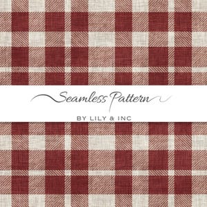 Pode incluir: Padrão sem costura com um design xadrez vermelho e bege. O tecido tem uma aparência texturizada, com as palavras "Seamless Pattern" e "BY LILY & INC" em texto branco. Perfeito para projetos de artesanato e design.