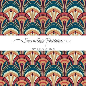 Puede incluir: Un diseño de patrón sin costuras con un motivo repetitivo en forma de abanico en tonos rojos, azules, beige y marrones. El texto "Seamless Pattern" se muestra en el centro, con "BY LILY & INC" debajo.