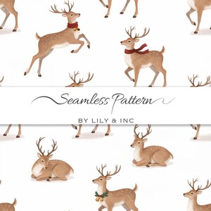 Patrón de reno navideño con acogedores ciervos invernales en bufandas y coronas. Diseño festivo sin costuras para papel de regalo de tela y decoración.