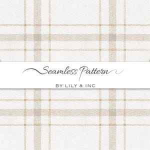 Könnte beinhalten: Nahtloses Musterdesign mit einem Gitter aus beigen und cremeweißen Linien. Der Text "Seamless Pattern" wird in Schreibschrift angezeigt, darunter "BY LILY & INC". Das Muster hat ein strukturiertes Aussehen.