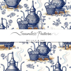 May include: Seamless pattern featuring blue and white illustrations of teapots, baskets, and roses. The design includes the text "Seamless Pattern" and "BY LILY & INC". The overall theme is vintage and floral.