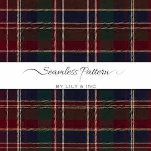 May include: A seamless plaid pattern featuring a grid of deep red, dark green, and navy blue squares intersected by thin beige lines. A white horizontal band across the center displays the text Seamless Pattern BY LILY & INC in black.
