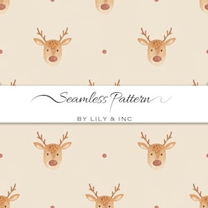Lindo reno sin costuras PNG papel tapiz de tela navideña, acogedor diseño de vacaciones de invierno en beige y marrón para manualidades y decoración de temporada