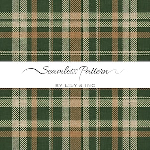 May include: A seamless plaid pattern in shades of green, tan, and brown. The design features intersecting lines forming a classic tartan grid. The text "Seamless Pattern" and "BY LILY & INC" are displayed in a script font.