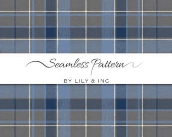 May include: A seamless plaid pattern in blue and grey, with white grid lines. The text "Seamless Pattern" is displayed on a white banner, with "BY LILY & INC" below. This design is suitable for fabric and paper applications.