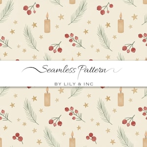 May include: Seamless pattern design featuring watercolor illustrations of candles, berries, stars, and pine needles on a cream background. The text "Seamless Pattern" and "BY LILY & INC" are displayed on a white banner. This design is suitable for various craft projects.