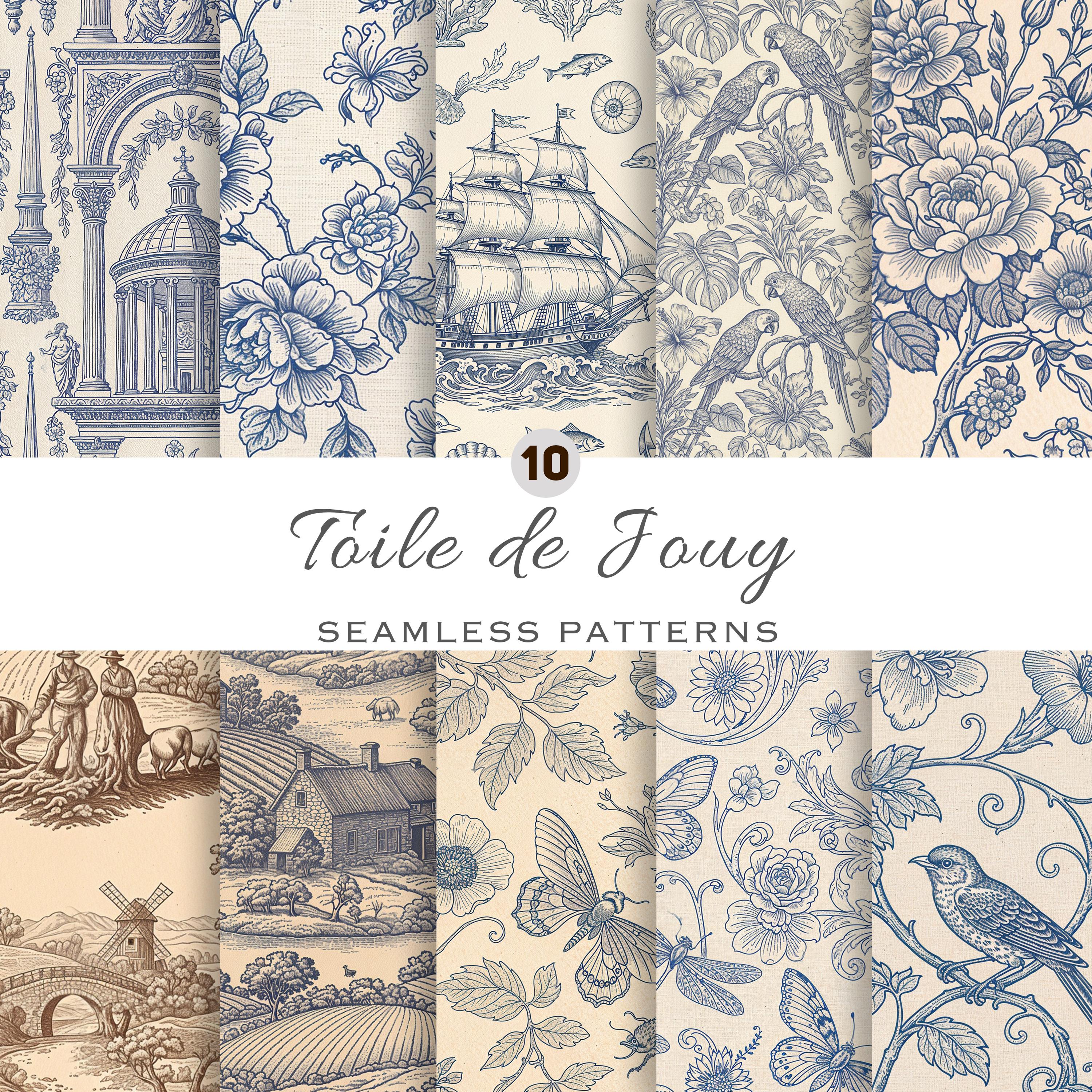 10 Toile De Jouy Seamless Patterns – Vintage French Style, Digital ...