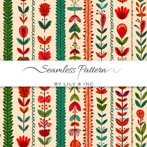 Puede incluir: Un diseño de patrón sin costuras con filas verticales de elementos florales y botánicos estilizados en rojo, verde y crema. También se ve el texto "Seamless Pattern" y "BY LILY & INC".
