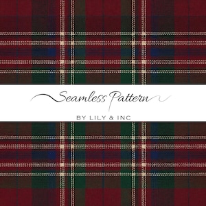 May include: A seamless plaid pattern in shades of burgundy, green, and navy blue. The words "Seamless Pattern" are written in cursive, with the text "BY LILY & INC" below.
