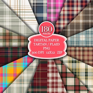 May include: A collection of 180 digital paper designs featuring various tartan and plaid patterns. The designs include a variety of colors and styles, with a focus on traditional and modern aesthetics. The image includes text that reads "DIGITAL PAPER TARTAN / PLAID PNG 300 DPI 12x12 ZIP".
