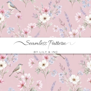 Może przedstawiać: Bezszwowy wzór z akwarelowymi ilustracjami kwiatów, ptaków i liści w odcieniach różu, bieli, błękitu i fioletu. Tekst "Seamless Pattern" jest wyświetlany na obrazie, z napisem "BY LILY & INC" poniżej. Ogólnym motywem jest kwiatowy i botaniczny.