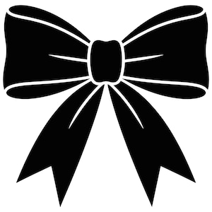 May include: A black bow illustration with white outlines. The bow features a traditional design with two loops and two long, pointed tails. The design is simple and elegant, suitable for various decorative purposes.