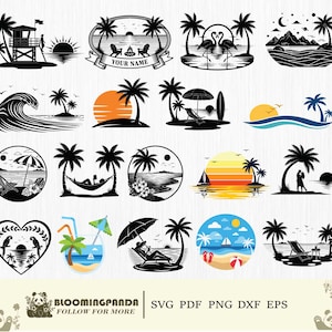 Op de afbeelding: Een verzameling zwart-witte SVG-ontwerpen met strandthema. De ontwerpen bevatten silhouetten van palmbomen, zonsondergangen, golven, strandstoelen, flamingo's en een reddingstoren. Geschikt voor diverse knutselprojecten.