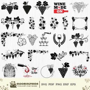 May include: A collection of black and white wine-themed graphics, including grape clusters, vines, and wine glasses. The designs also include the text "Wine Mode On", "Dine & Wine", and "ich Wein".