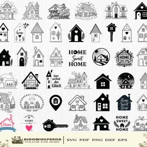 Könnte beinhalten: Eine Sammlung von schwarz-weißen Hausillustrationen und Textelementen, darunter "Home Sweet Home". Die Designs eignen sich für verschiedene Bastelprojekte.