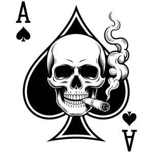 May include: Black and white illustration of an Ace of Spades card featuring a skull smoking a cigar. The skull is centered within the spade symbol, with smoke rising from the cigar. The card also displays the letter "A" and a small spade symbol.