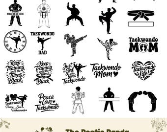 May include: A collection of black and white Taekwondo-themed digital art files. The designs include martial arts figures in action poses, belts, and text elements such as "Taekwondo Dad," "Taekwondo Mom," and motivational quotes. The designs are suitable for sublimation and DTG printing.