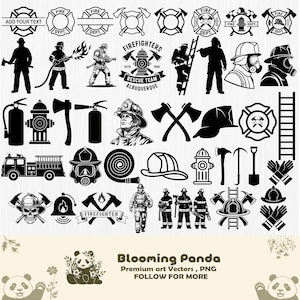 May include: A collection of black and white firefighter-themed graphics. Includes silhouettes of firefighters, axes, helmets, fire trucks, and fire department emblems. The text "FIREFIGHTERS RESCUE TEAM ALBUQUERQUE" is also present.