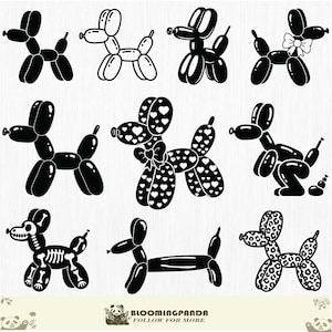 Könnte beinhalten: Eine Sammlung von neun schwarz-weißen Ballonhund-Illustrationen in verschiedenen Posen. Einige Hunde haben Fliegen, Herzmuster oder Skelett-Designs. Der untere Teil des Bildes enthält den Text "BLOOMINGPANDA FOLLOW FOR MORE".