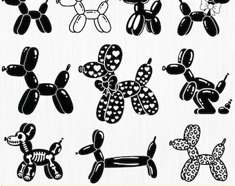 May include: A collection of nine black and white balloon dog illustrations in various poses. Some dogs have bowties, heart patterns, or skeleton designs. The bottom of the image has the text "BLOOMINGPANDA FOLLOW FOR MORE".